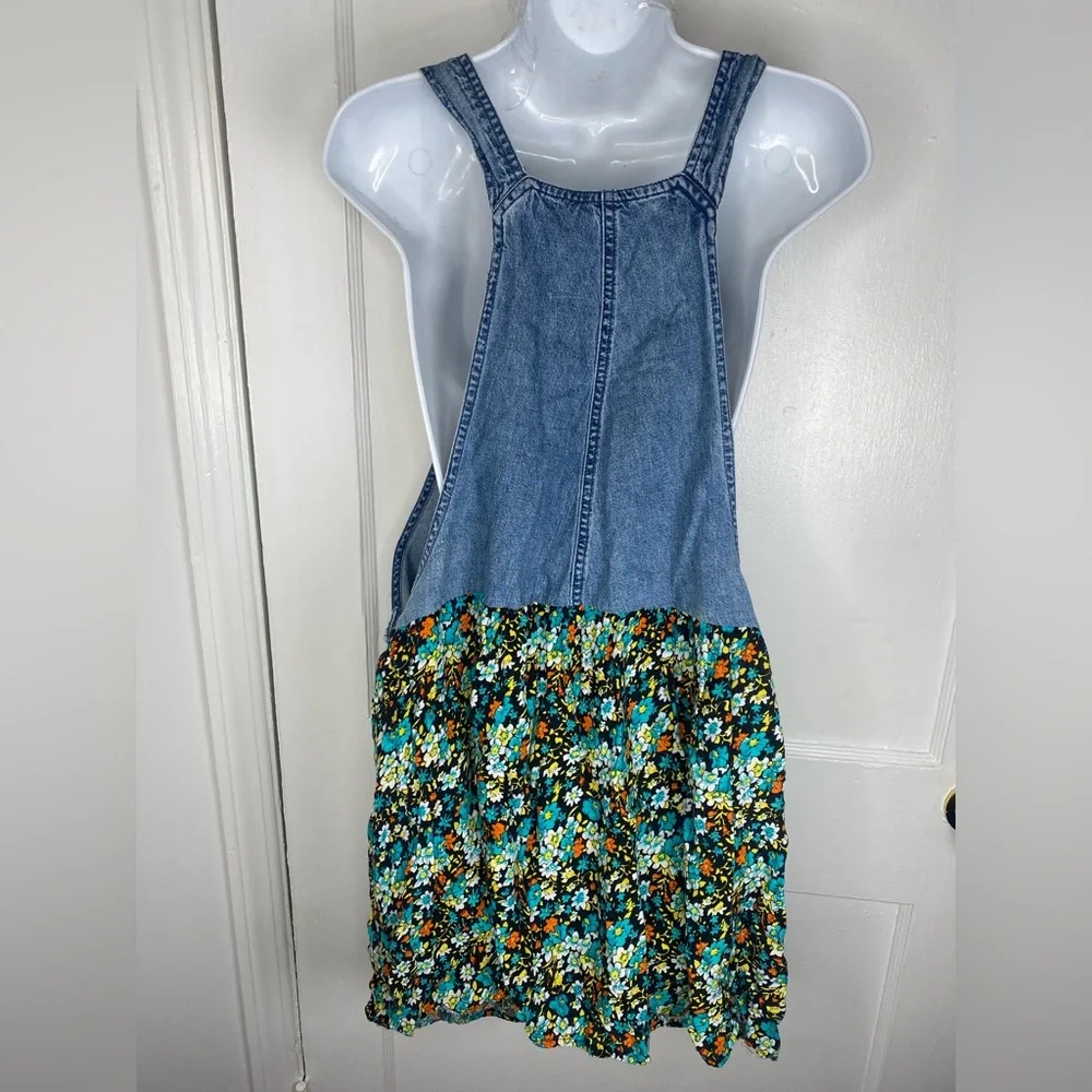 Woolrich Vintage 90s Blue Denim Bib Dress with Teal Floral Skirt Flawed - Picture 5 of 7